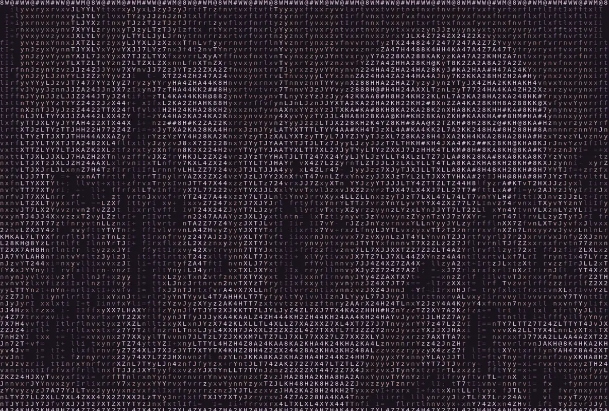 An imagined gathering rendered in clay and lilac ASCII